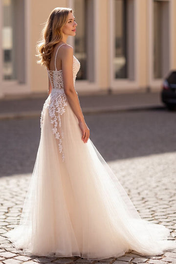 A Line Ivory Tulle Wedding Dress with Appliques